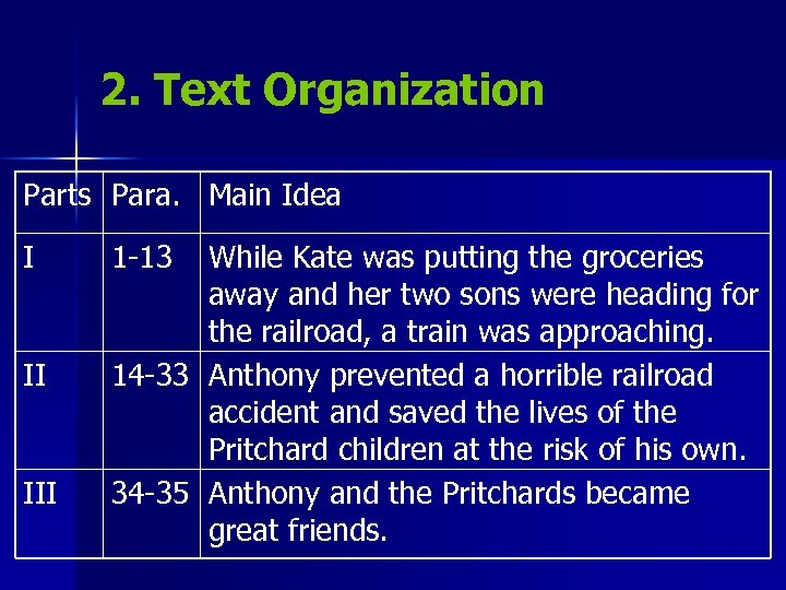 2. Text Organization Parts Para. Main Idea I II III 1 -13 While Kate