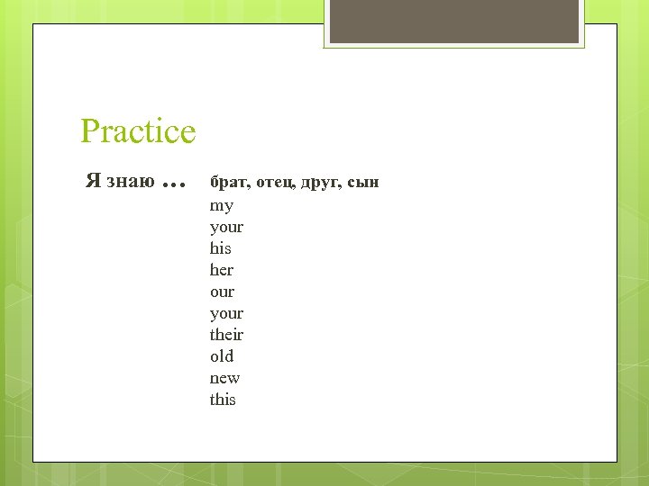 Practice Я знаю … брат, отец, друг, сын my your his her our your