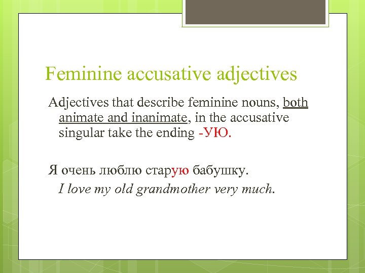 Feminine accusative adjectives Adjectives that describe feminine nouns, both animate and inanimate, in the