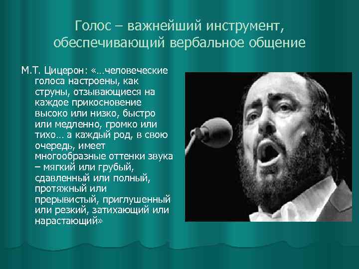 Голос – важнейший инструмент, обеспечивающий вербальное общение М. Т. Цицерон: «…человеческие голоса настроены, как