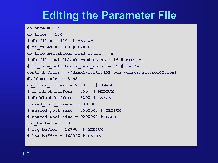 Editing the Parameter File db_name = U 16 db_files = 100 # db_files =