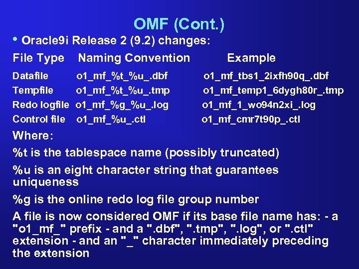 OMF (Cont. ) • Oracle 9 i Release 2 (9. 2) changes: File Type