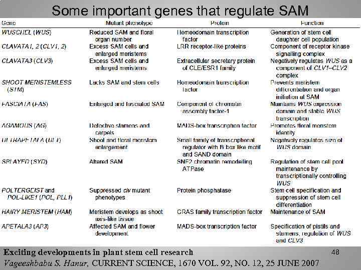 Some important genes that regulate SAM Exciting developments in plant stem cell research Vageeshbabu