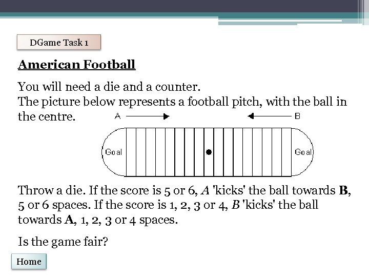 DGame Task 1 American Football You will need a die and a counter. The