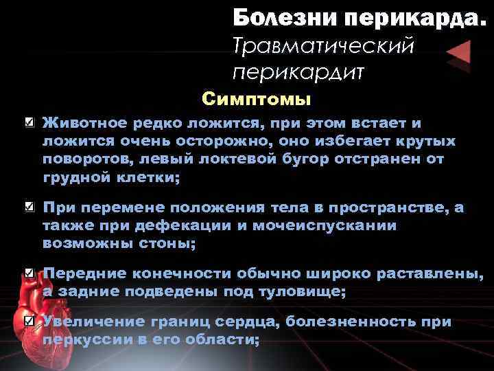 Болезни перикарда. Травматический перикардит Симптомы Животное редко ложится, при этом встает и ложится очень