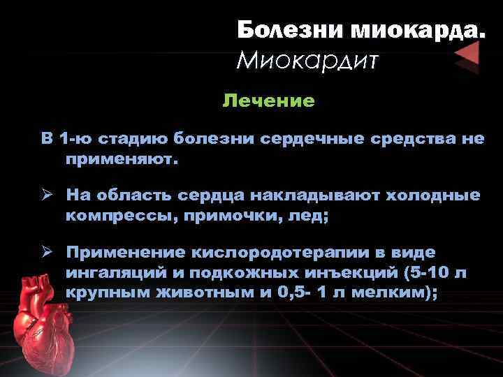 Болезни миокарда. Миокардит Лечение В 1 -ю стадию болезни сердечные средства не применяют. Ø