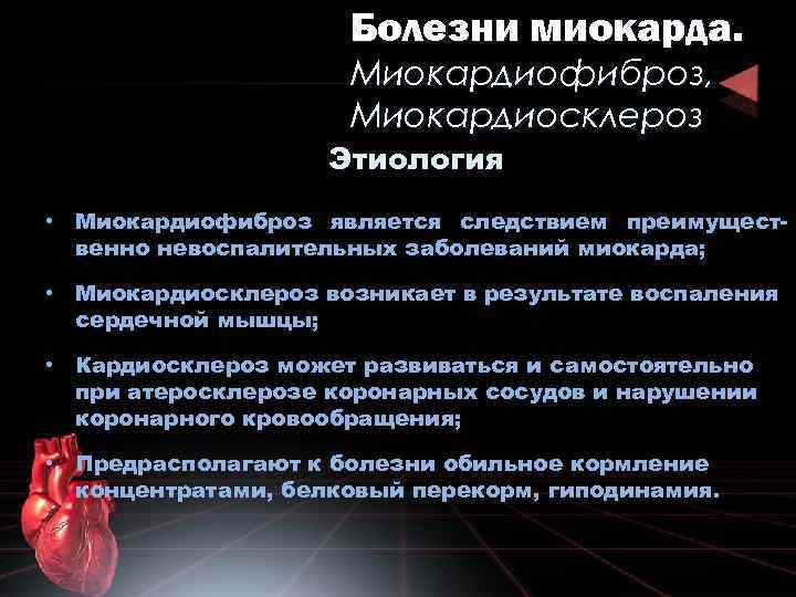 Болезни миокарда. Миокардиофиброз, Миокардиосклероз Этиология • Миокардиофиброз является следствием преимущественно невоспалительных заболеваний миокарда; •