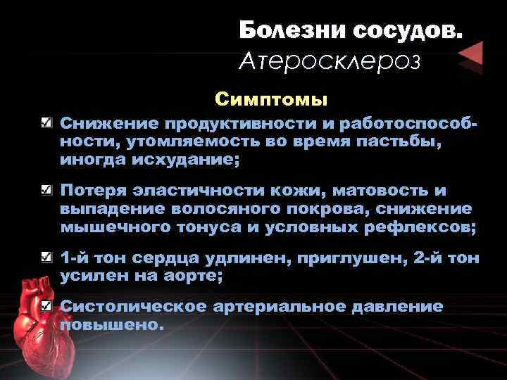 Болезни сосудов. Атеросклероз Симптомы Снижение продуктивности и работоспособности, утомляемость во время пастьбы, иногда исхудание;