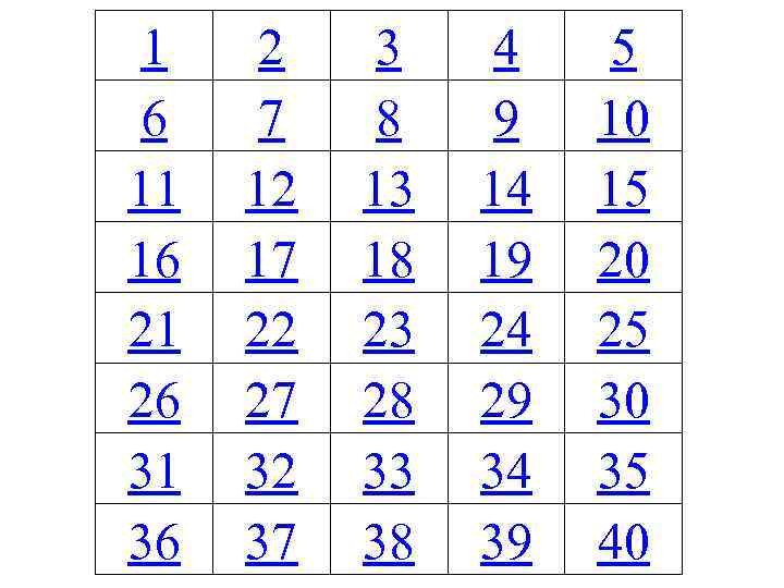 1 6 11 16 21 26 31 36 2 7 12 17 22 27