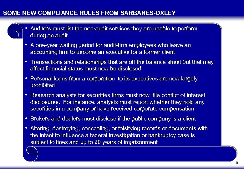 SOME NEW COMPLIANCE RULES FROM SARBANES-OXLEY • Auditors must list the non-audit services they