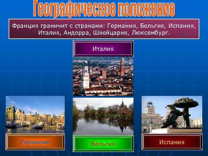 Франция граничит с странами: Германия, Бельгия, Испания, Италия, Андорра, Швейцария, Люксембург. Италия Германия Бельгия