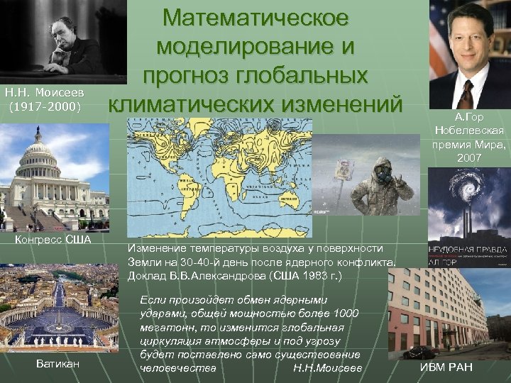 Н. Н. Моисеев (1917 -2000) Конгресс США Ватикан Математическое моделирование и прогноз глобальных климатических