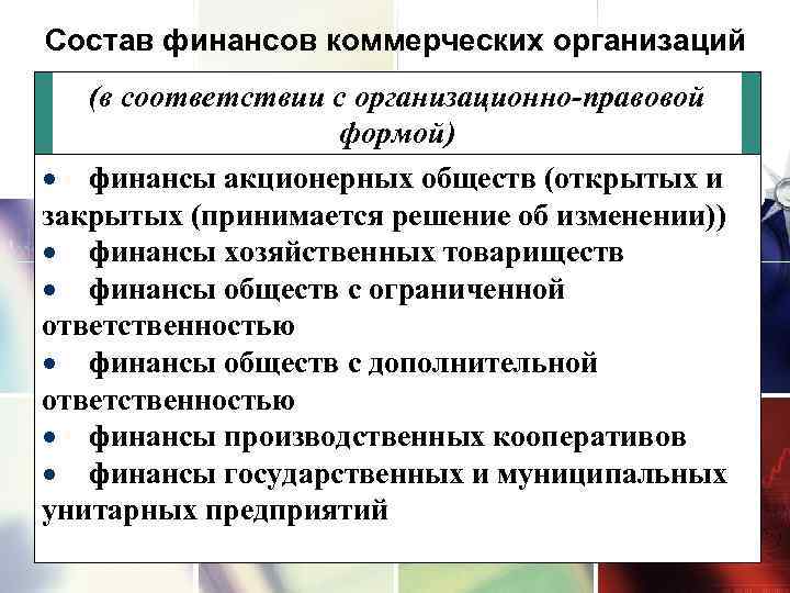Состав финансов коммерческих организаций (в соответствии с организационно-правовой формой) LOGO финансы акционерных обществ (открытых
