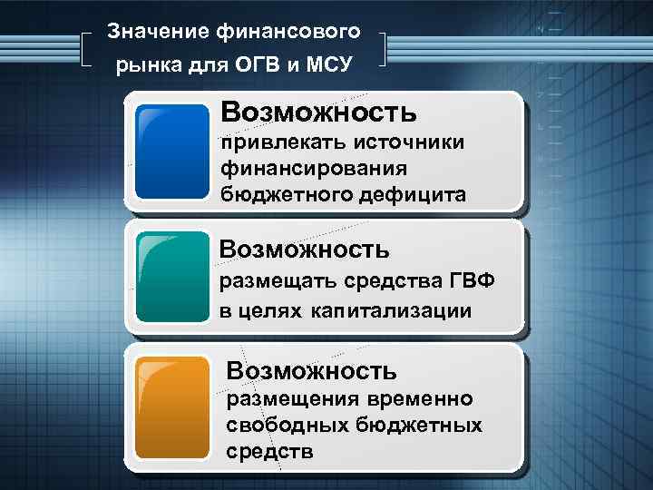 Значение финансового рынка для ОГВ и МСУ Возможность привлекать источники финансирования бюджетного дефицита Возможность