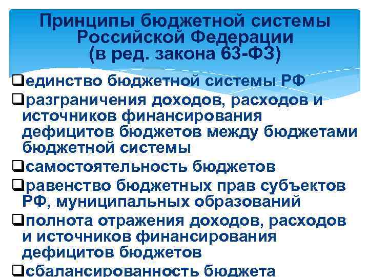 Принципы бюджетной системы Российской Федерации (в ред. закона 63 -ФЗ) qединство бюджетной системы РФ