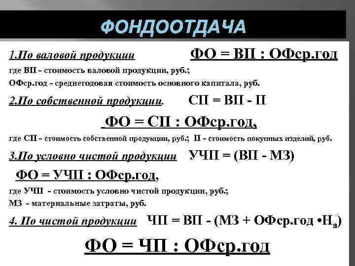 Определить валовую продукцию. Фондоотдача по валовой продукции. Фондоотдача продукции формула. Фондоотдача формула Валовая продукция. Фондоотдача, руб..