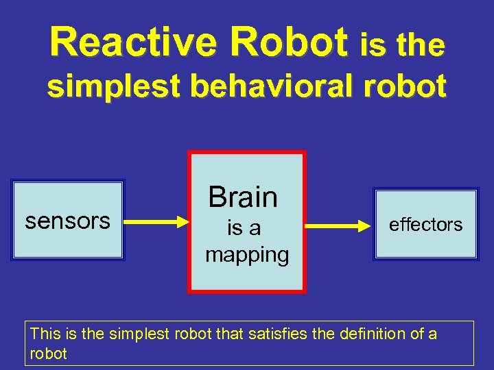 Reactive Robot is the simplest behavioral robot sensors Brain is a mapping effectors This
