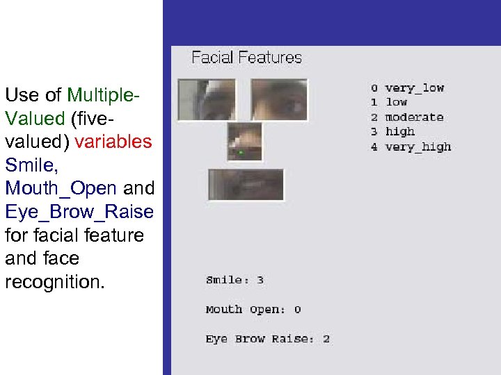 Use of Multiple. Valued (fivevalued) variables Smile, Mouth_Open and Eye_Brow_Raise for facial feature and