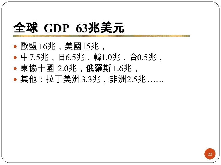 全球 GDP 63兆美元 歐盟 16兆，美國15兆， 中 7. 5兆，日 6. 5兆，韓 1. 0兆，台 0. 5兆，