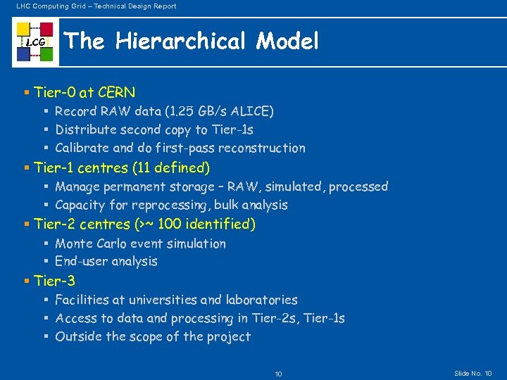 LHC Computing Grid – Technical Design Report LCG The Hierarchical Model § Tier-0 at