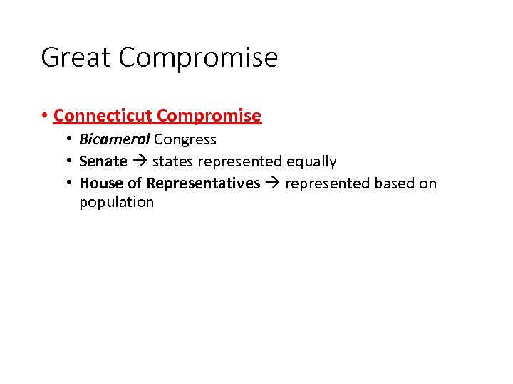 Great Compromise • Connecticut Compromise • Bicameral Congress • Senate states represented equally •