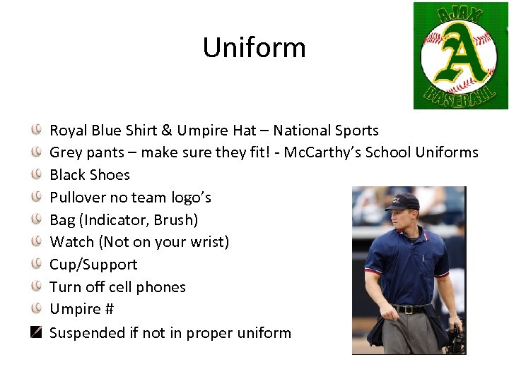 Uniform Royal Blue Shirt & Umpire Hat – National Sports Grey pants – make