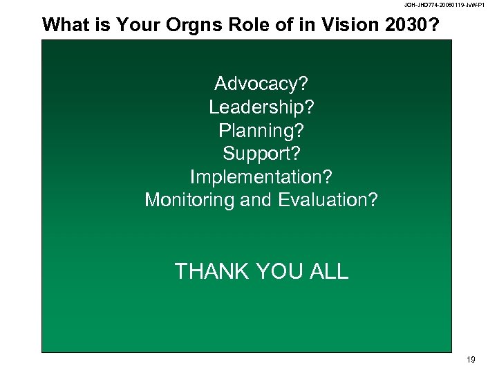 JOH-JHO 774 -20060119 -Jv. W-P 1 What is Your Orgns Role of in Vision