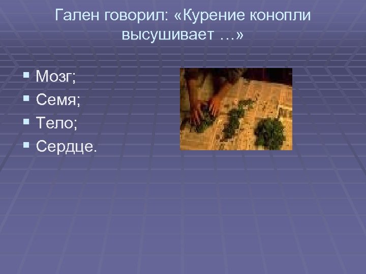 Гален говорил: «Курение конопли высушивает …» § Мозг; § Семя; § Тело; § Сердце.