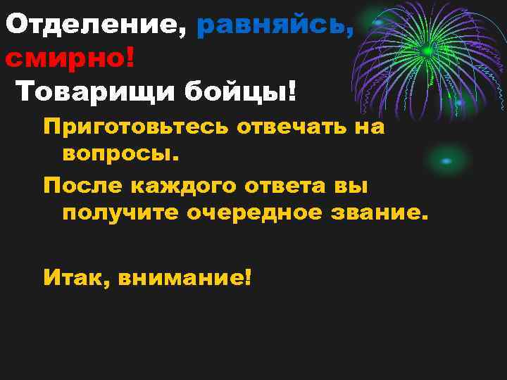 Отделение, равняйсь, смирно! Товарищи бойцы! Приготовьтесь отвечать на вопросы. После каждого ответа вы получите