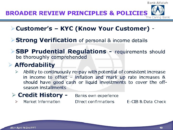 Bank Alfalah BROADER REVIEW PRINCIPLES & POLICIES The Caring Bank Ø Customer’s – KYC