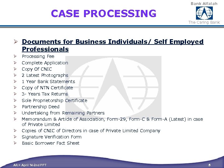 Bank Alfalah CASE PROCESSING The Caring Bank Ø Documents for Business Individuals/ Self Employed