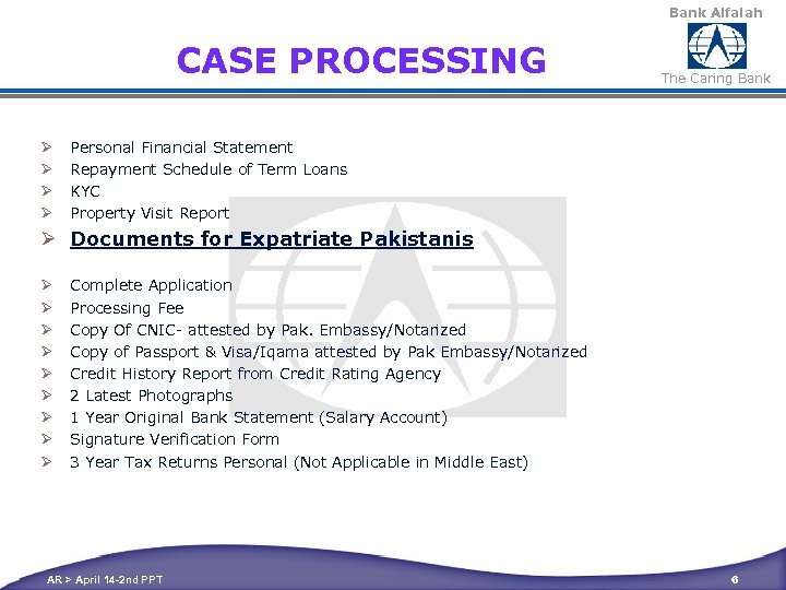 Bank Alfalah CASE PROCESSING Ø Ø The Caring Bank Personal Financial Statement Repayment Schedule