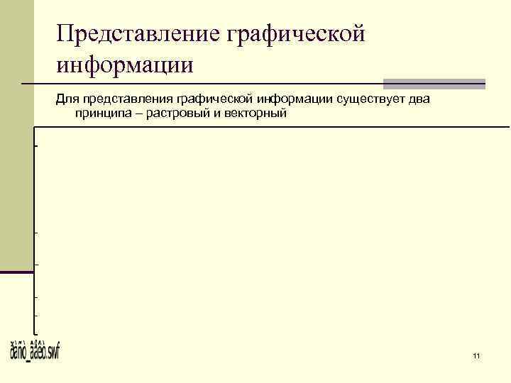 Представление графической информации Для представления графической информации существует два принципа – растровый и векторный