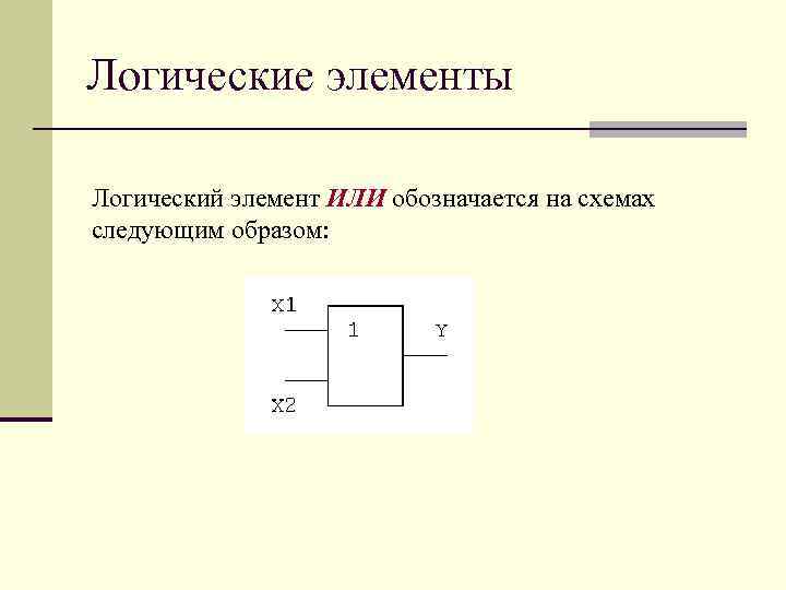 Логические элементы Логический элемент ИЛИ обозначается на схемах следующим образом: 