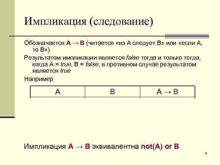 Импликация (следование) Обозначается A → B (читается «из А следует В» или «если А,