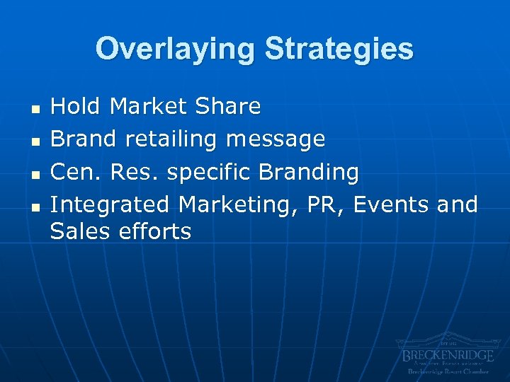 Overlaying Strategies n n Hold Market Share Brand retailing message Cen. Res. specific Branding