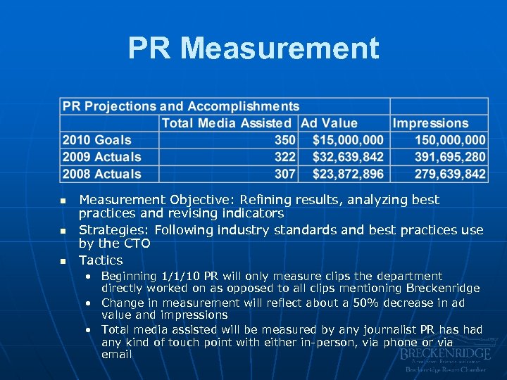 PR Measurement n n n Measurement Objective: Refining results, analyzing best practices and revising