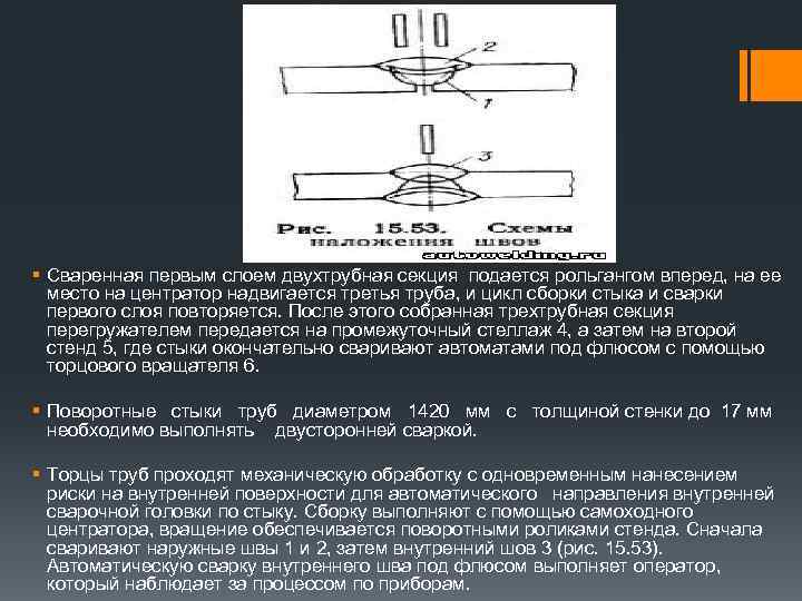 § Сваренная первым слоем двухтрубная секция подается рольгангом вперед, на ее место на центратор