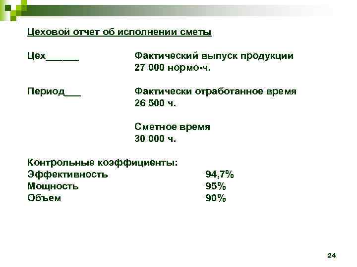 Цеховой отчет об исполнении сметы Цех______ Фактический выпуск продукции 27 000 нормо-ч. Период___ Фактически