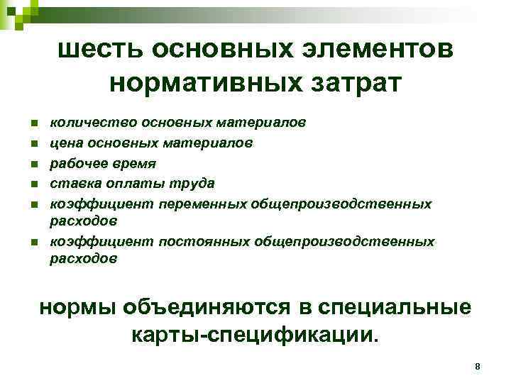 шесть основных элементов нормативных затрат n n n количество основных материалов цена основных материалов