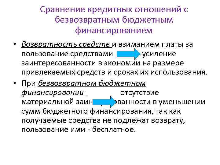 Сравнение кредитных отношений с безвозвратным бюджетным финансированием • Возвратность средств и взиманием платы за