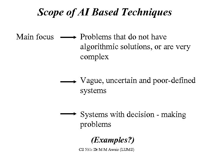 Scope of AI Based Techniques Main focus Problems that do not have algorithmic solutions,