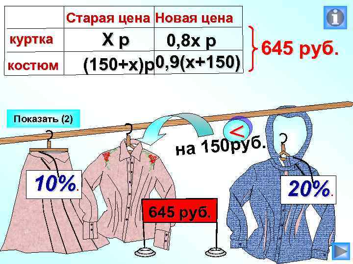 Старая цена Новая цена куртка костюм Показать (2) Хр 0, 8 х р (150+х)р0,