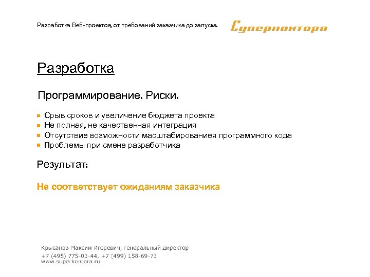 Разработка Веб-проектов, от требований заказчика до запуска. Разработка Программирование. Риски. Срыв сроков и увеличение