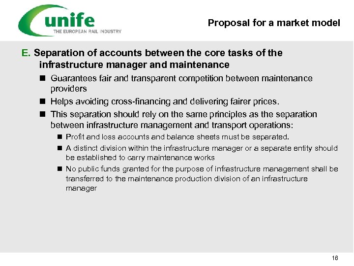 Proposal for a market model E. Separation of accounts between the core tasks of