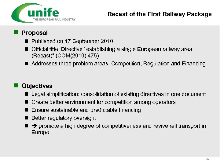 Recast of the First Railway Package n Proposal n Published on 17 September 2010