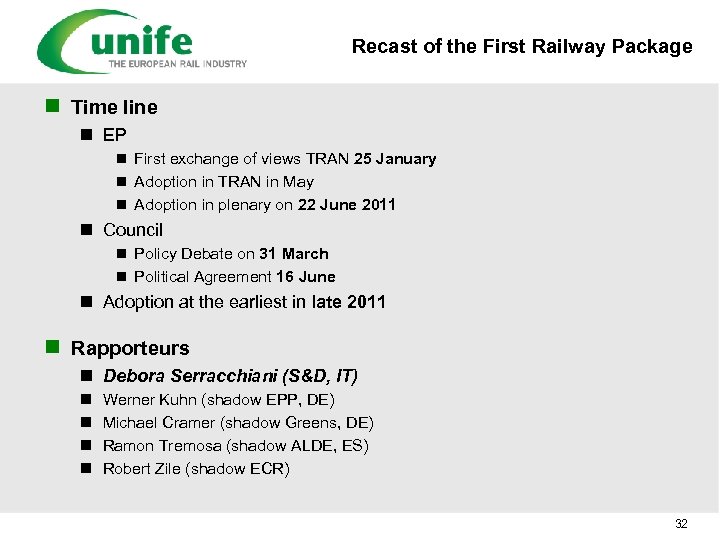 Recast of the First Railway Package n Time line n EP n First exchange