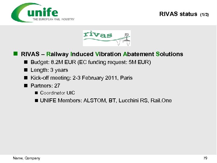 RIVAS status (1/3) n RIVAS – Railway Induced Vibration Abatement Solutions n n Budget: