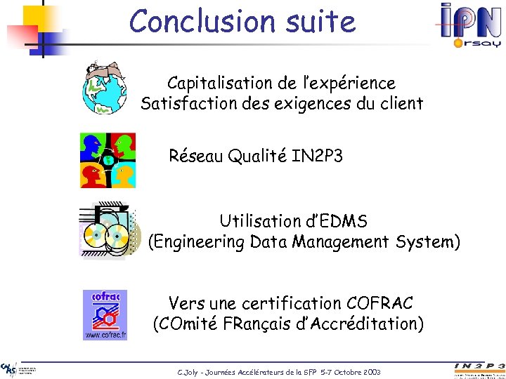 Conclusion suite Capitalisation de l’expérience Satisfaction des exigences du client Réseau Qualité IN 2