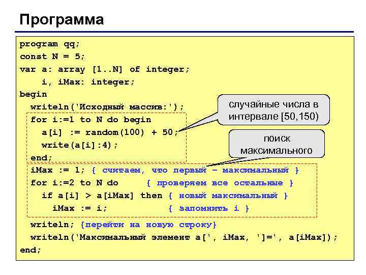 Программа program qq; const N = 5; var a: array [1. . N] of